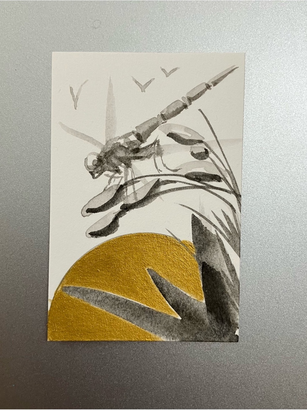 Original dragonfly painting miniature realism art sumi-e style ink gift artwork